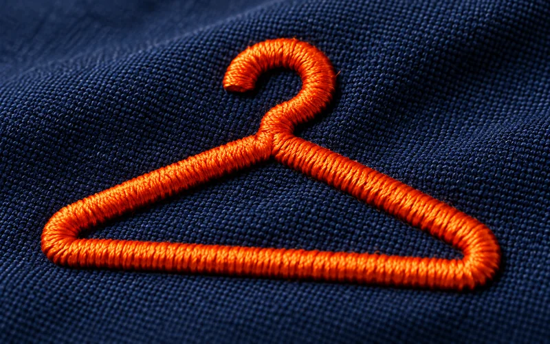 Raised orange hanger embroidery on navy woven fabric.