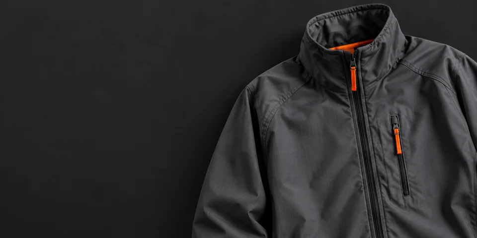 Charcoal work jacket with orange zip details.