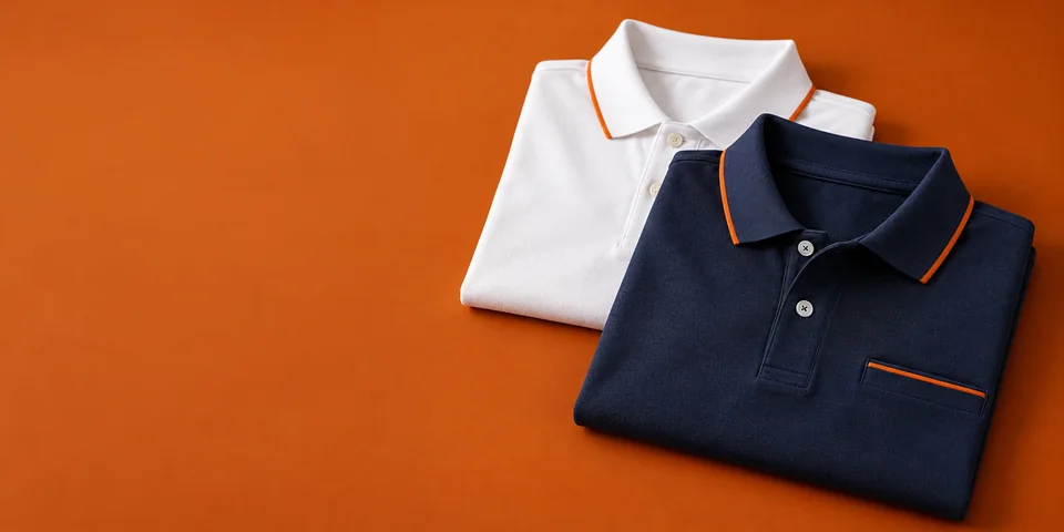 Navy and white polo shirts on an orange studio surface.