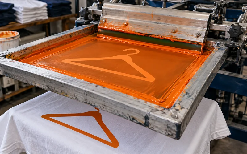 Orange textile ink and a screen-printing frame in an apparel workshop.