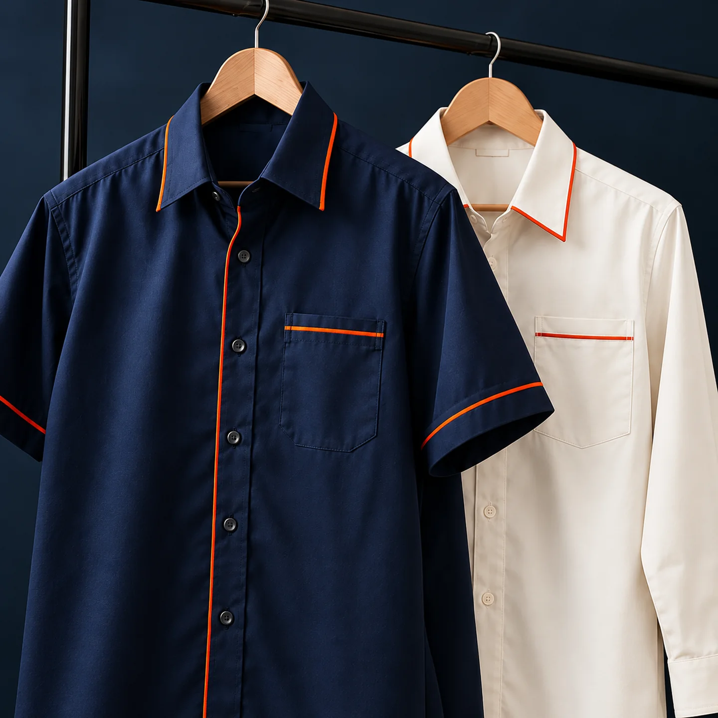 Navy and cream corporate shirts with orange piping on a garment rail.